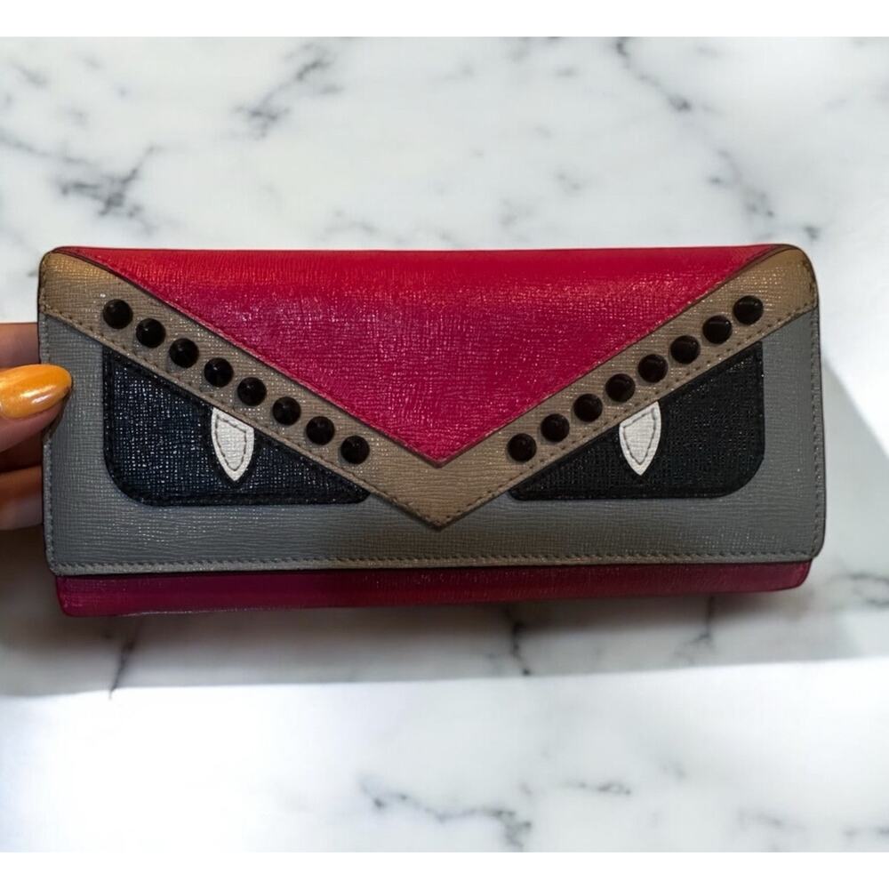 Painted Fendi Wallet Monster Bugs Eye Round Zipper Studs Leather Multicolor
